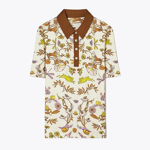 Tory Burch Ivory Rabbit Field Printed Mercerized Polo T Shirt Floral Bunny M - Picture 1 of 15